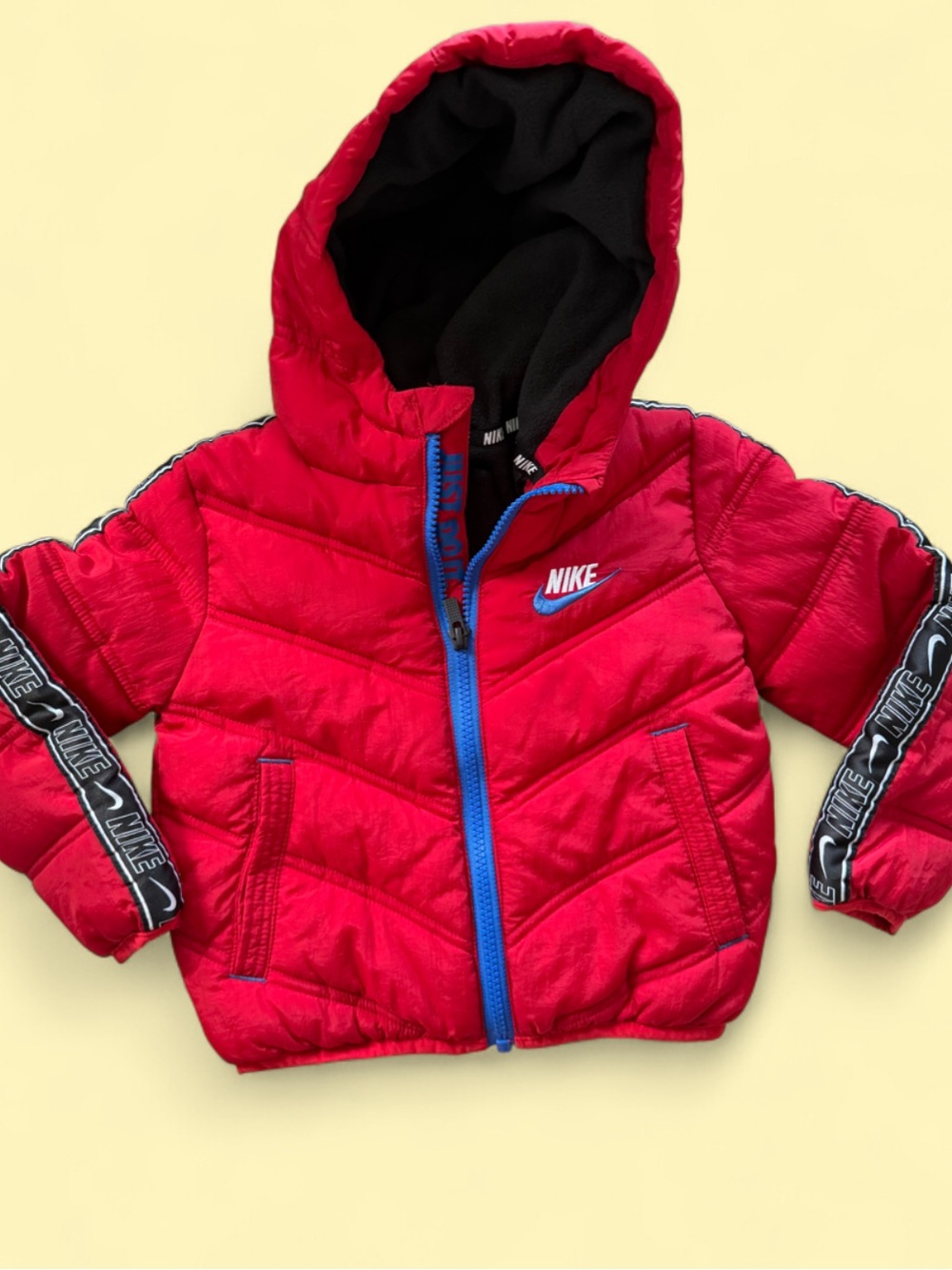 Nike Red Quilted Hooded Puffer with Black Branded Sleeve Tape